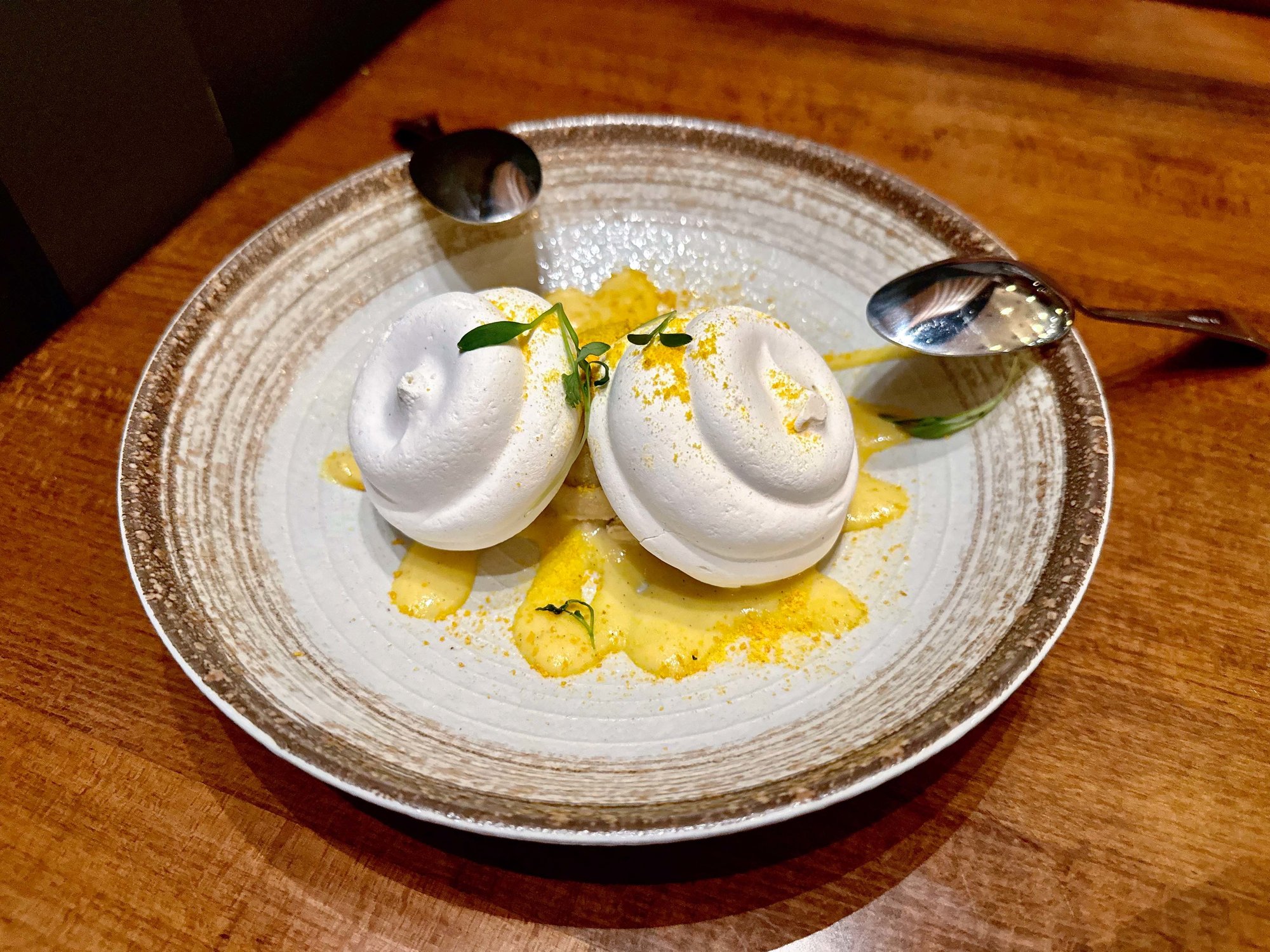 white plate with yellow and white dessert